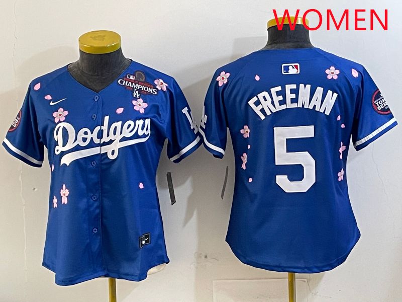 Women Los Angeles Dodgers #5 Freeman Blue Sakura Edition 2025 Nike MLB Jersey style 3